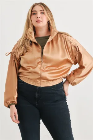 Plus Satin Ruched Long Sleeve Bomber Jacket