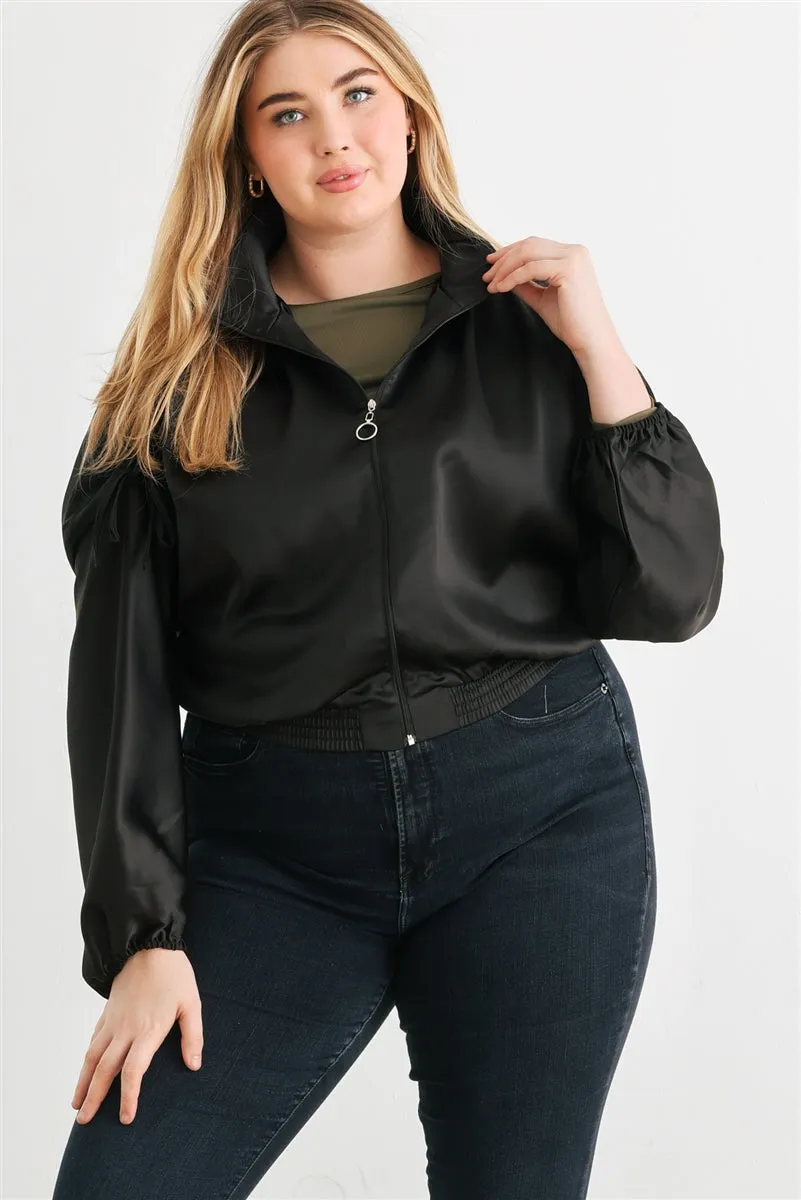 Plus Satin Ruched Long Sleeve Bomber Jacket