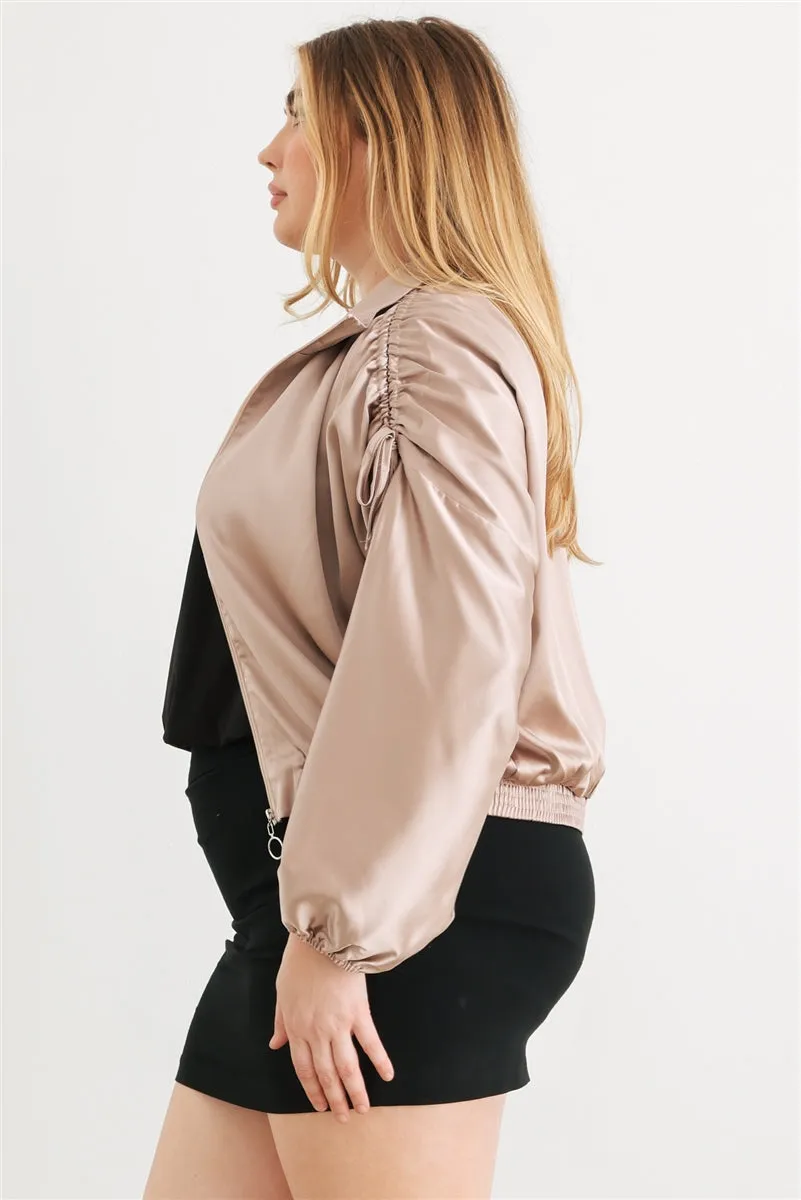 Plus Satin Ruched Long Sleeve Bomber Jacket