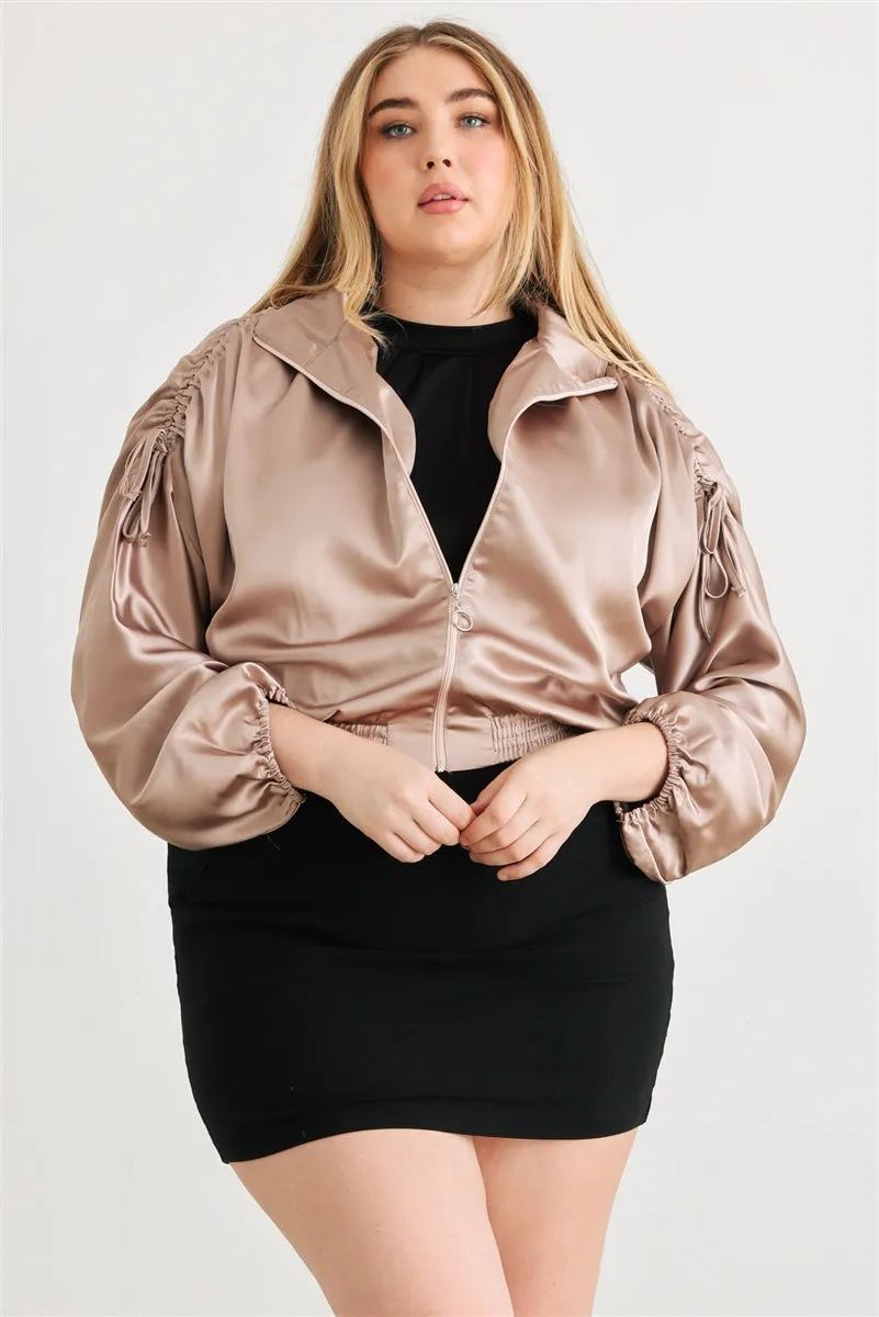 Plus Satin Ruched Long Sleeve Bomber Jacket