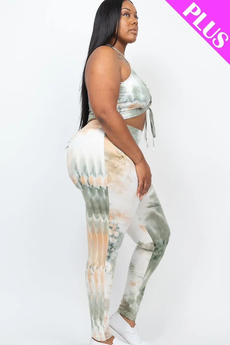 Plus Size Tie Dye Ruched Crop Top And Leggings Set