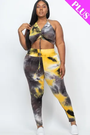 Plus Size Tie Dye Ruched Crop Top And Leggings Set