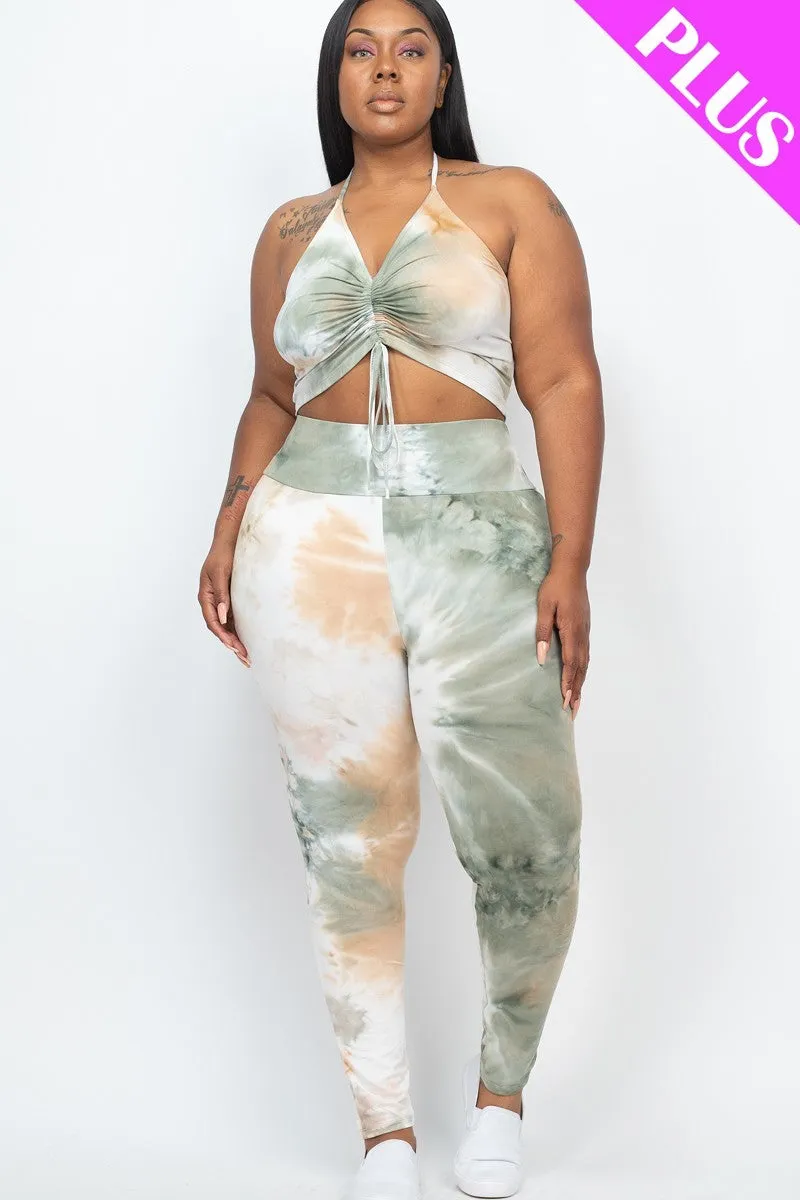 Plus Size Tie Dye Ruched Crop Top And Leggings Set