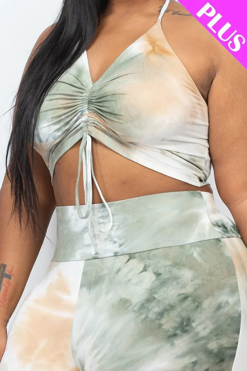 Plus Size Tie Dye Ruched Crop Top And Leggings Set