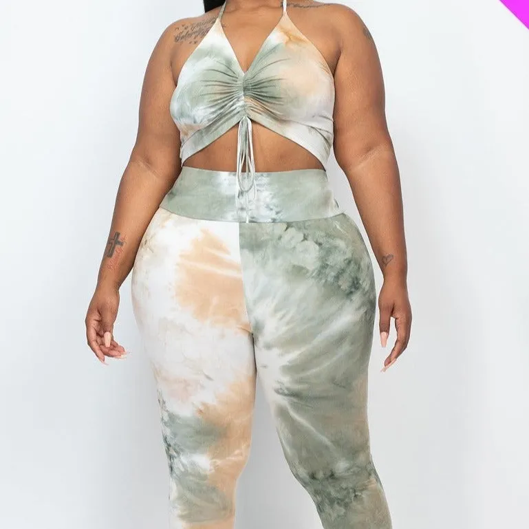 Plus Size Tie Dye Ruched Crop Top And Leggings Set