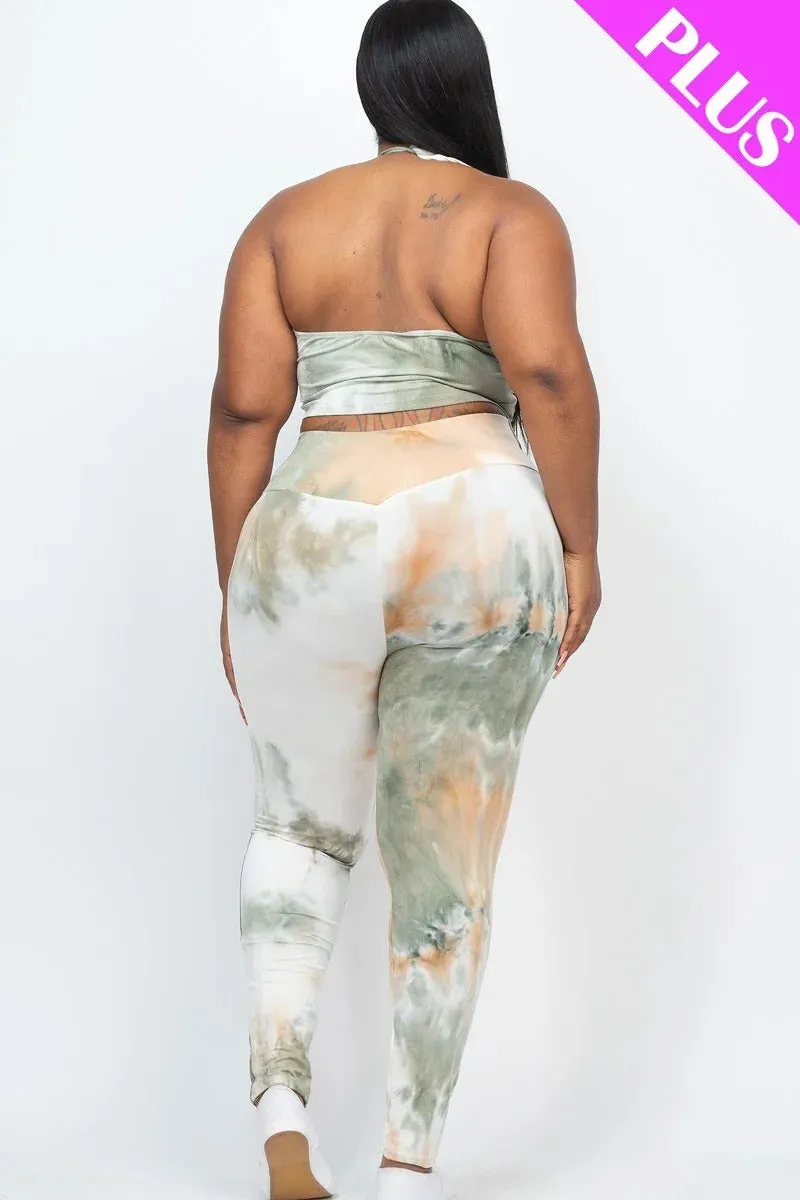 Plus Size Tie Dye Ruched Crop Top And Leggings Set