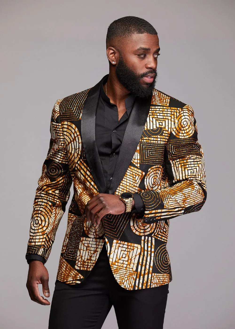 Rammy Men's African Print Blazer (Black Brown Geometric)