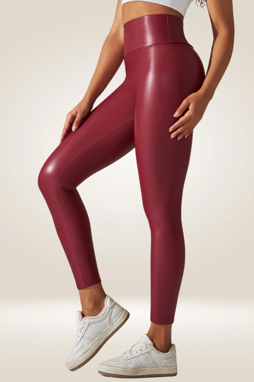 Red High Waisted Faux Leather Leggings