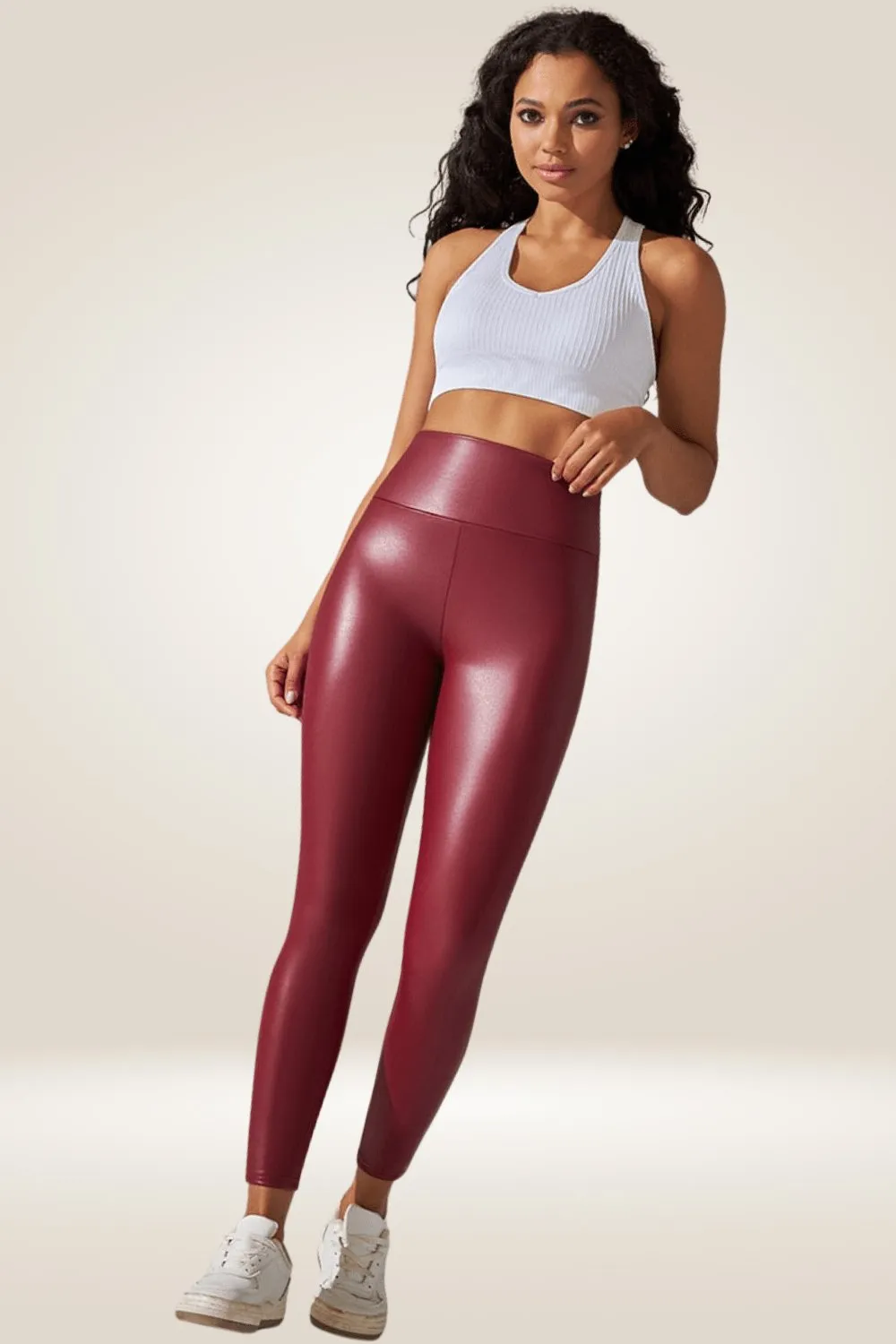 Red High Waisted Faux Leather Leggings