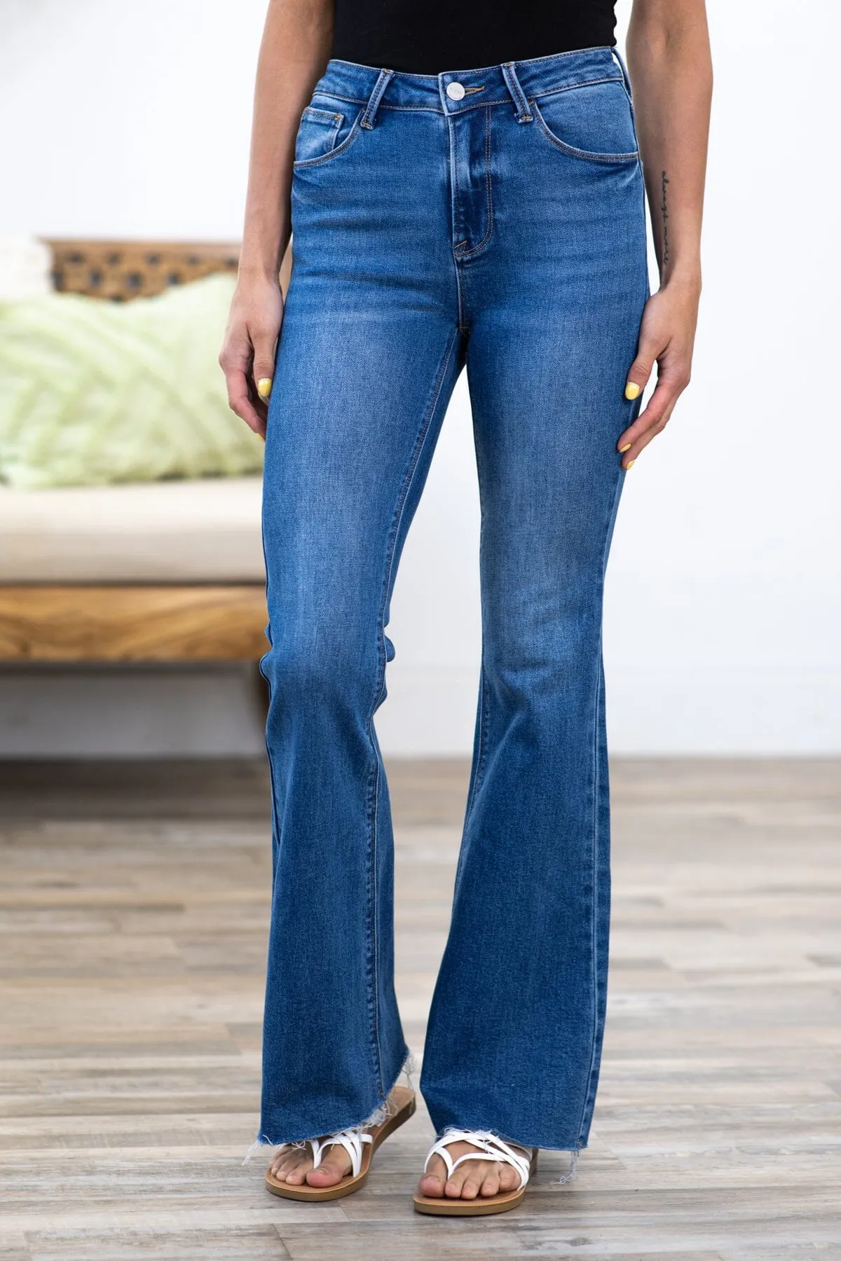 Risen Medium Wash Raw Hem Bootcut Jeans