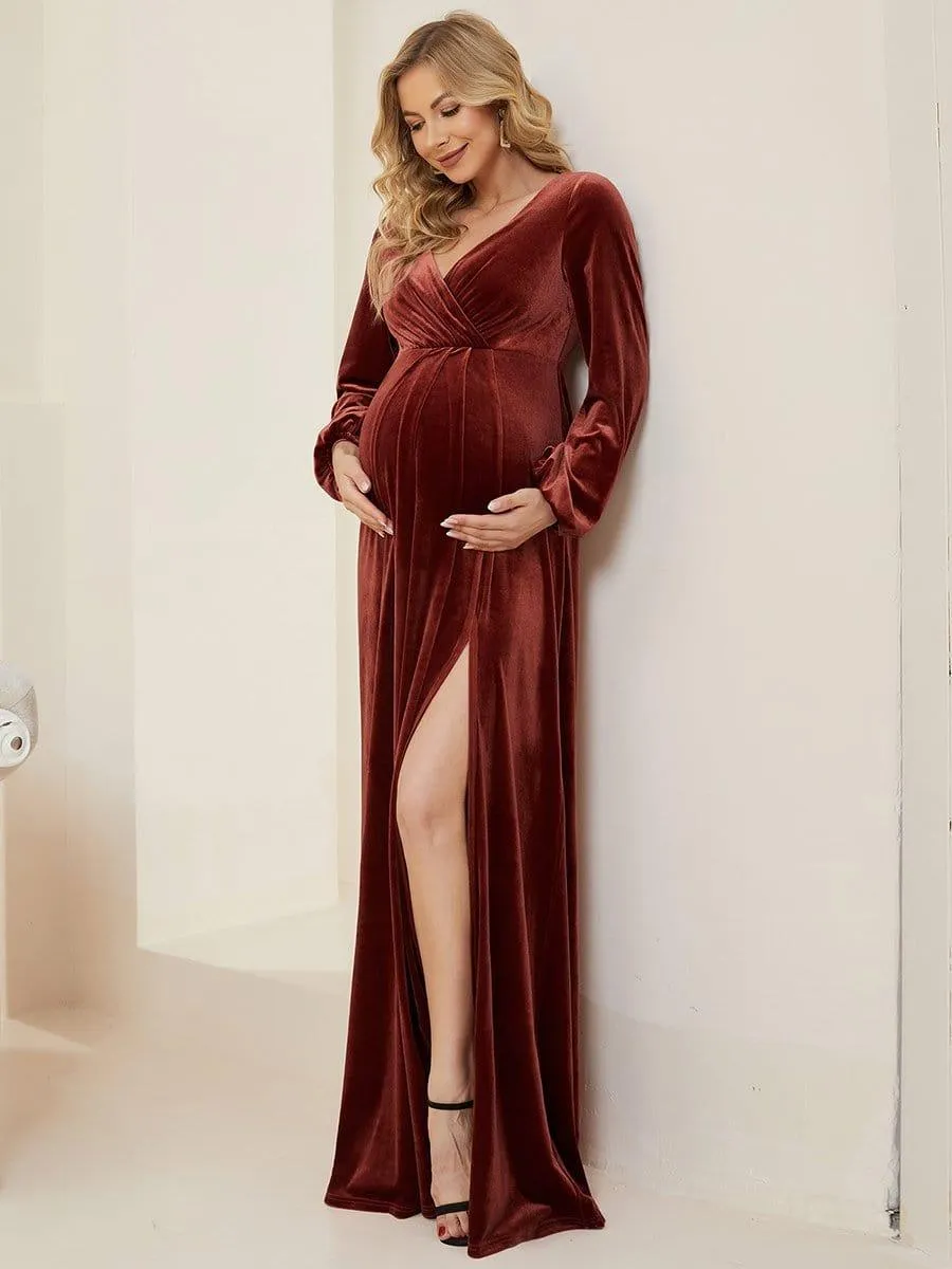 Robe de maternité plissée à manches longues en velours
