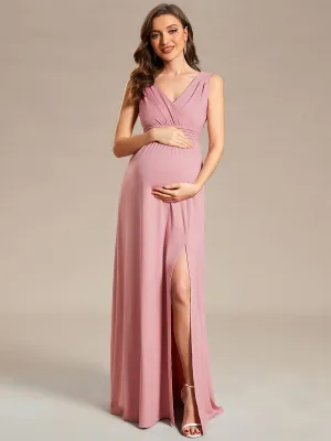 Robe de Maternité plissée sans manches à encolure en V avec fente(Vente finale)