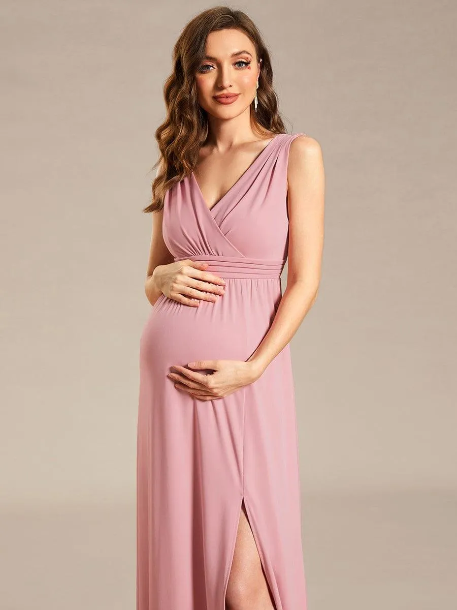Robe de Maternité plissée sans manches à encolure en V avec fente(Vente finale)