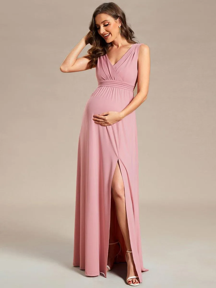 Robe de Maternité plissée sans manches à encolure en V avec fente(Vente finale)