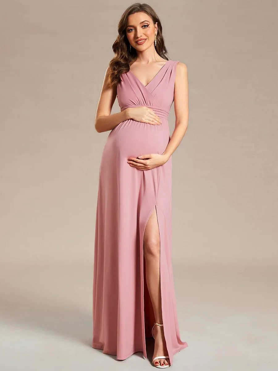 Robe de Maternité plissée sans manches à encolure en V avec fente(Vente finale)