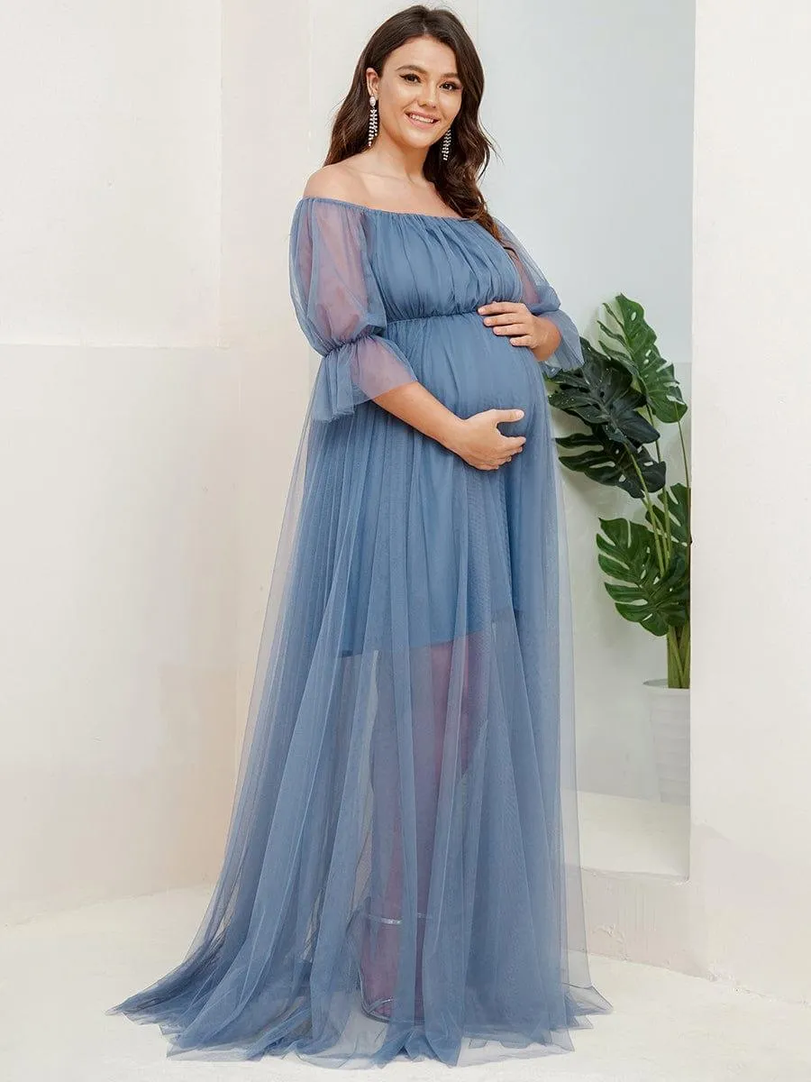 Robe Maxi de Grossesse à Double Jupe en Tulle à Epaules Dénudées de Grande Taille
