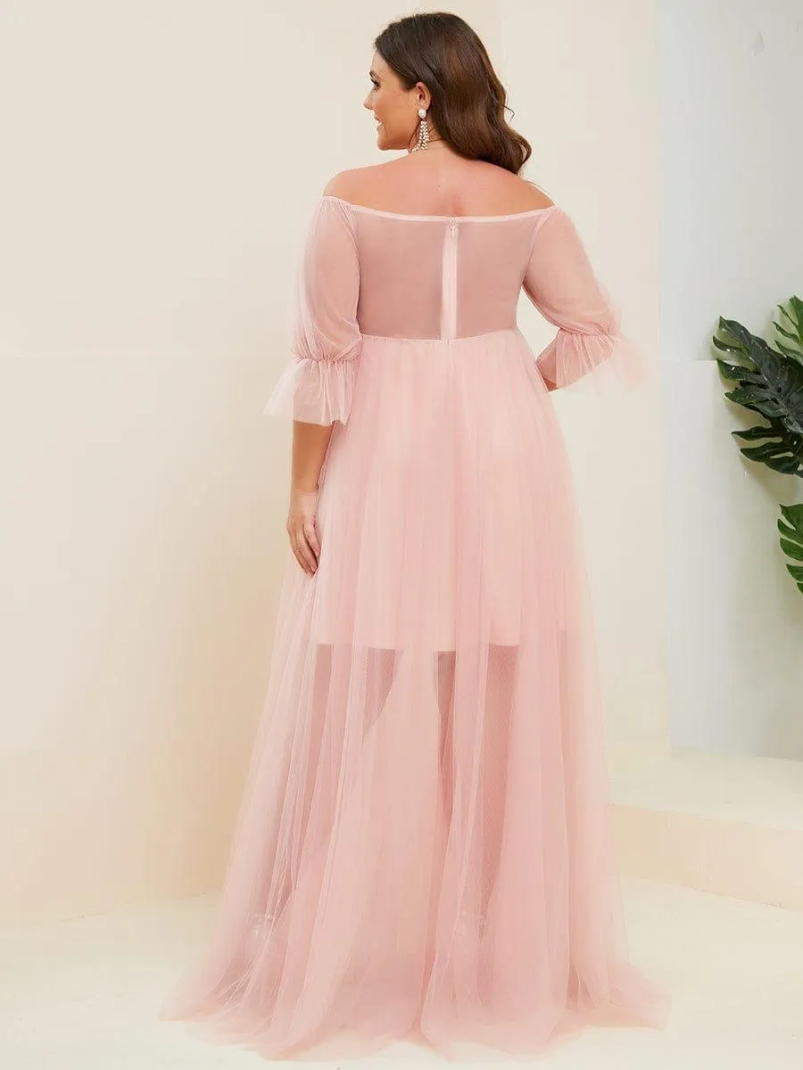 Robe Maxi de Grossesse à Double Jupe en Tulle à Epaules Dénudées de Grande Taille
