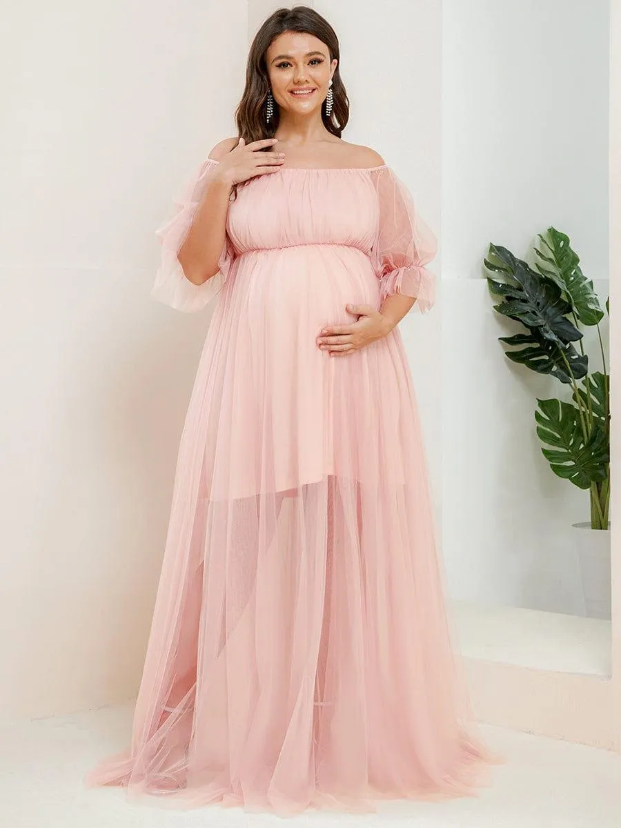 Robe Maxi de Grossesse à Double Jupe en Tulle à Epaules Dénudées de Grande Taille
