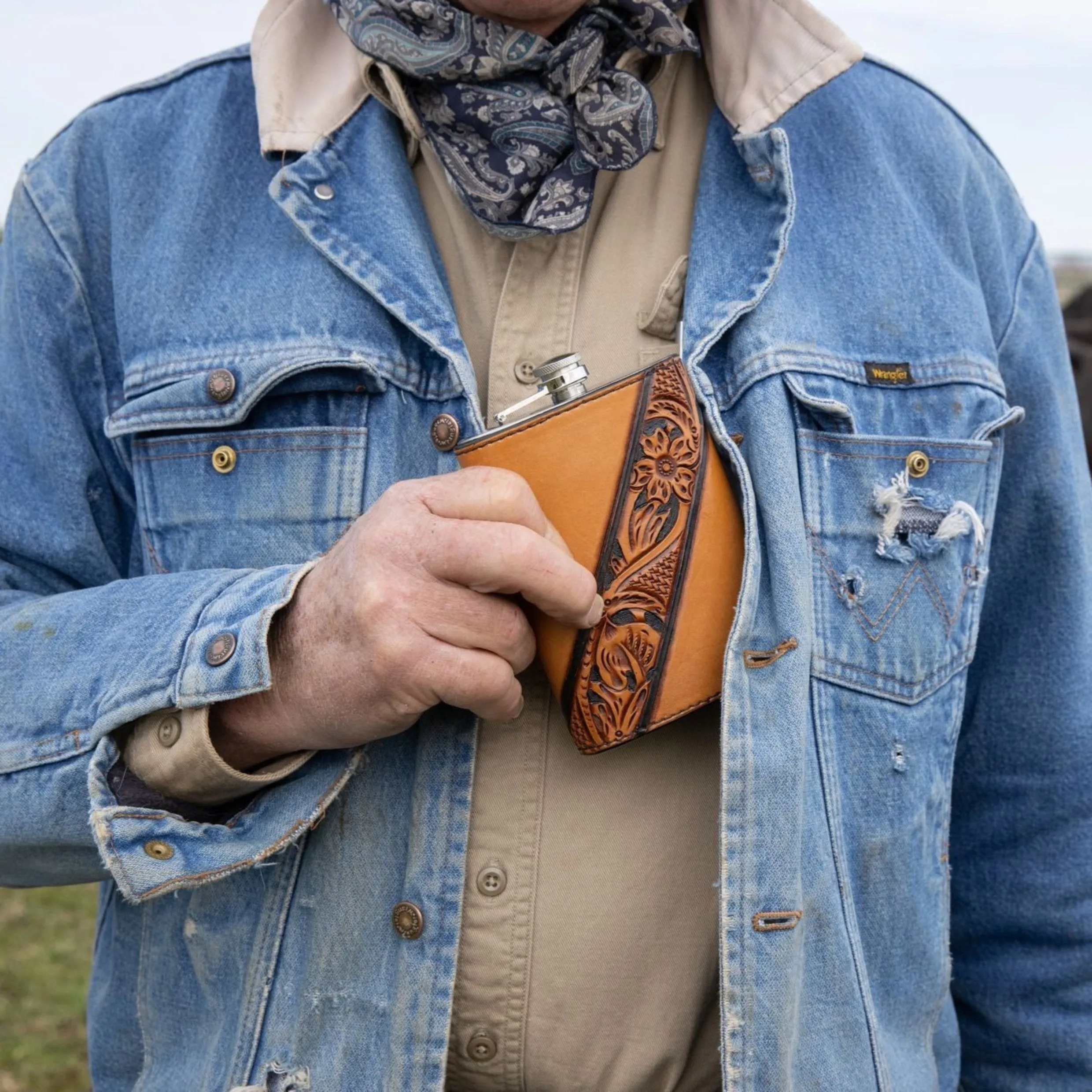 Russet and Dark Brown Floral Diagonal Tooled Flask