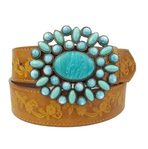 Tan Western Turquoise Buckle with Vintage Hand Painted Belt