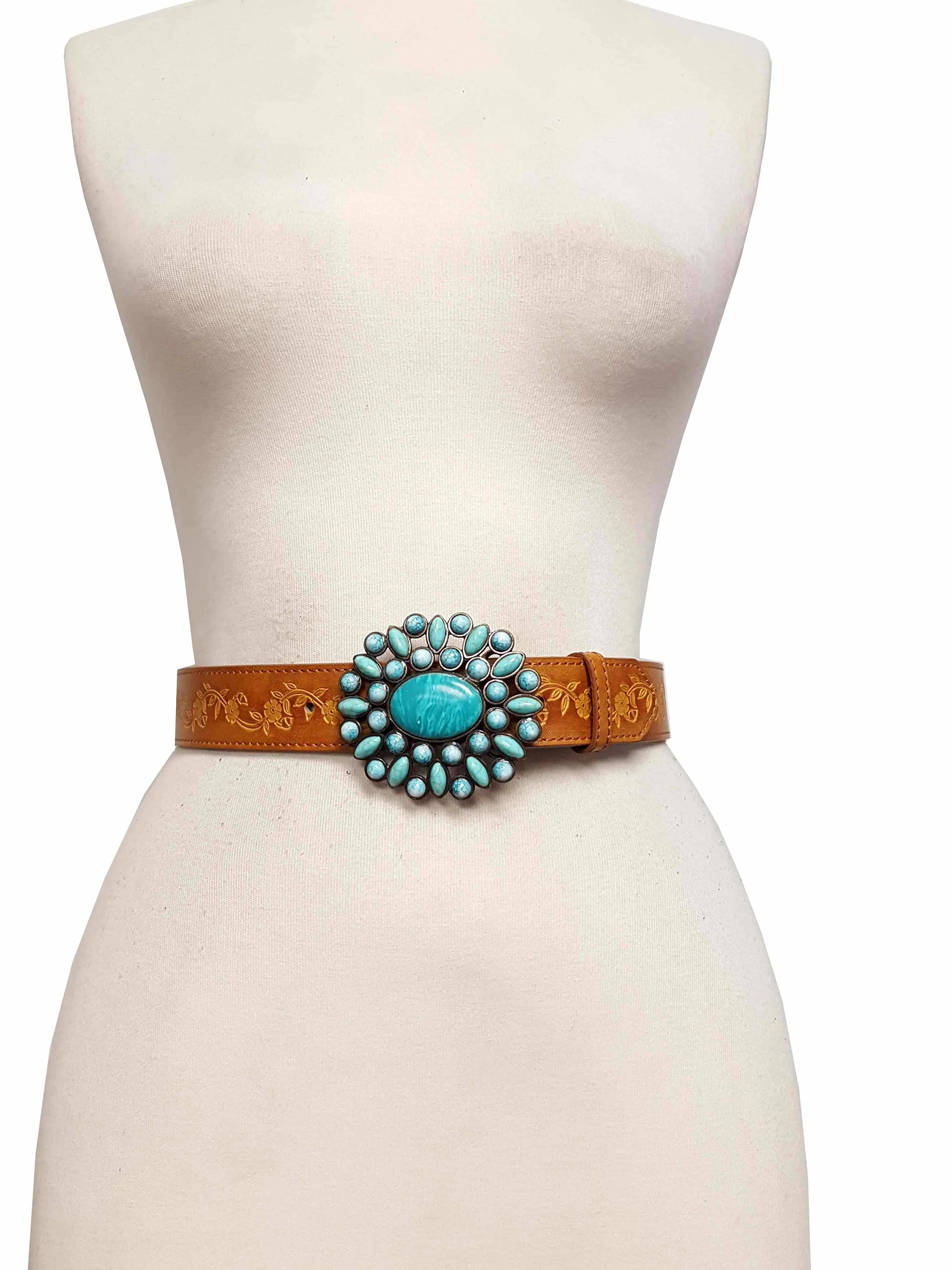 Tan Western Turquoise Buckle with Vintage Hand Painted Belt