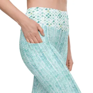 Turquoise Watercolor Vertical Stripes Leggings with pockets