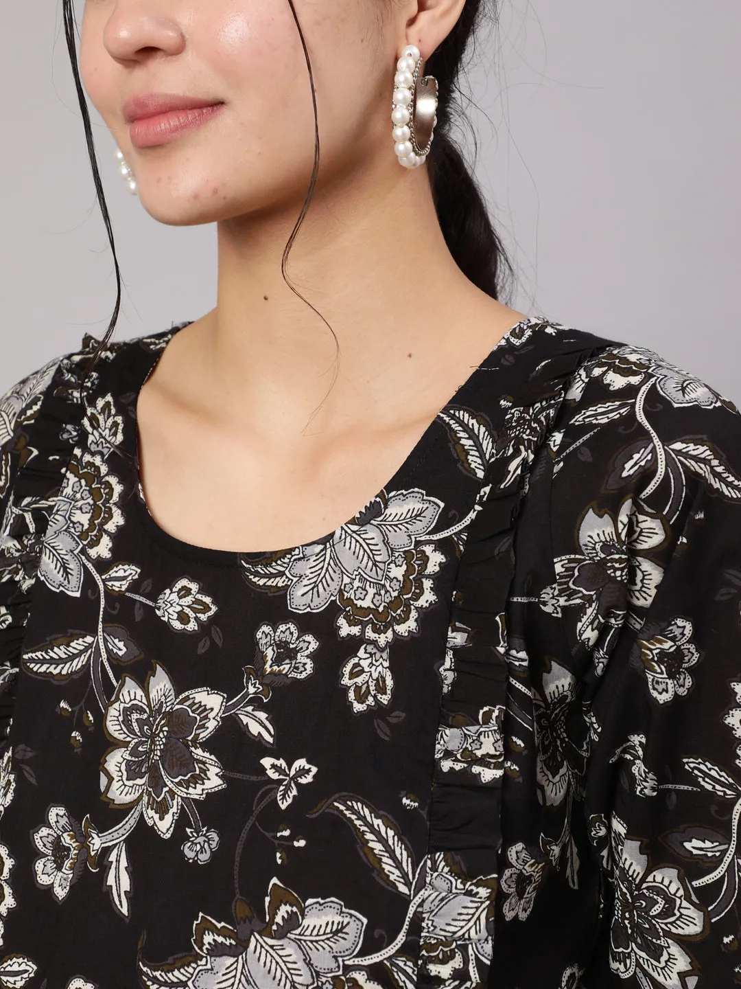 Women Black Floral Printed Flared Maternity Dress