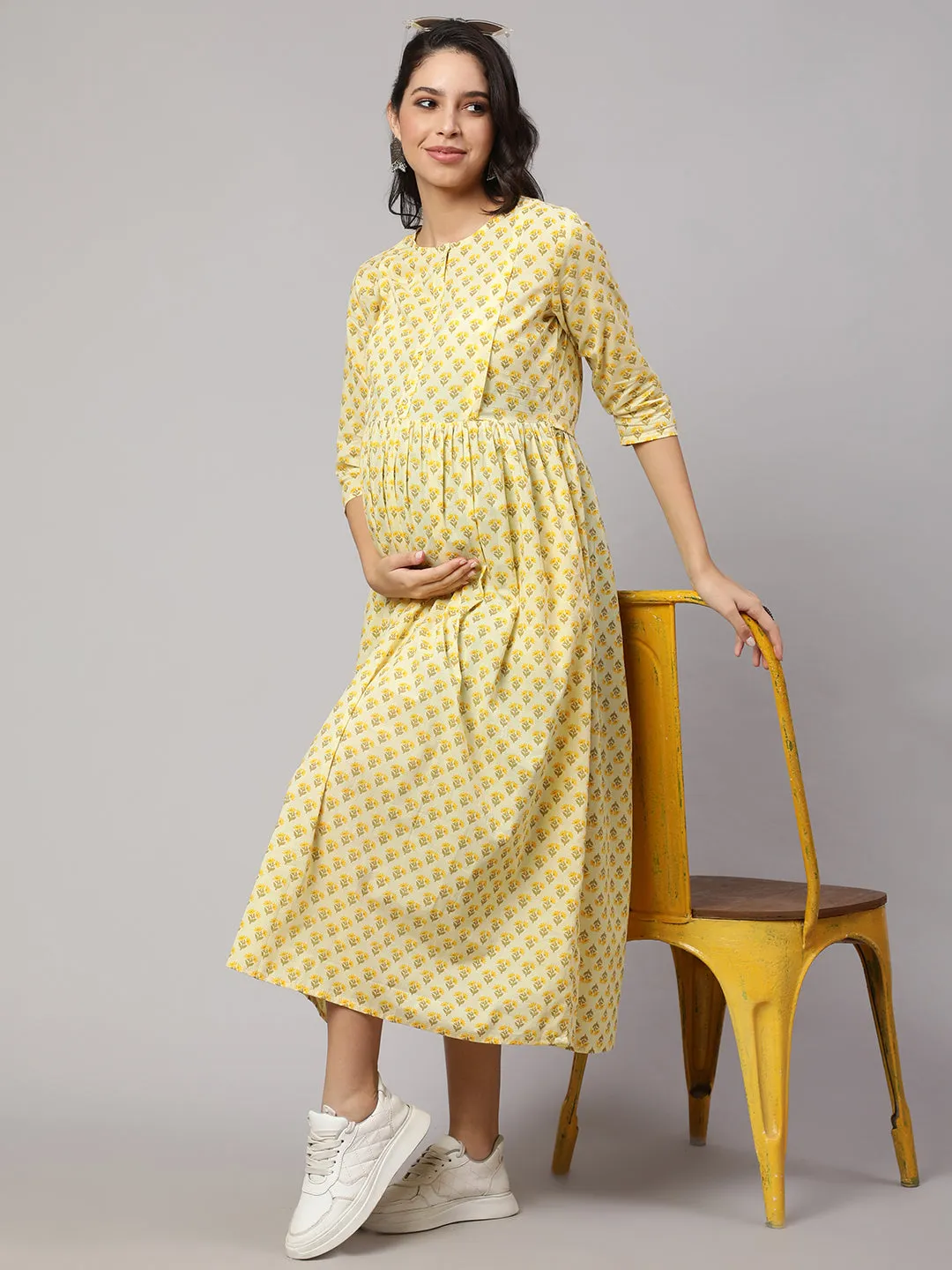 Women Cream Printed Maternity Dress