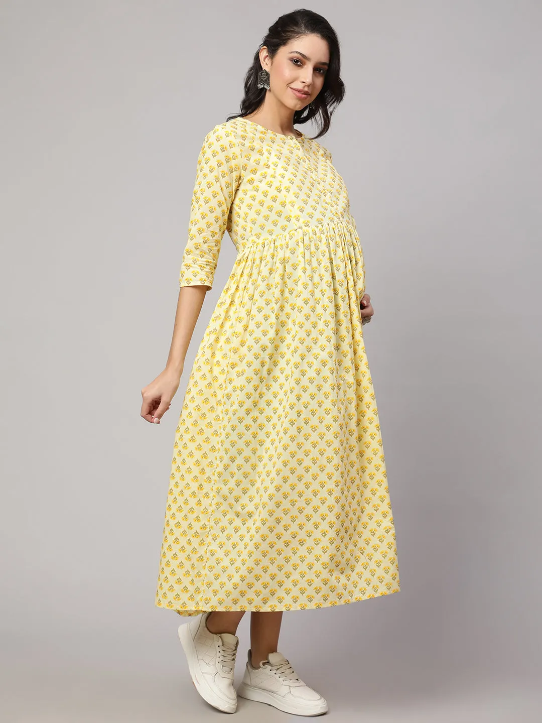 Women Cream Printed Maternity Dress