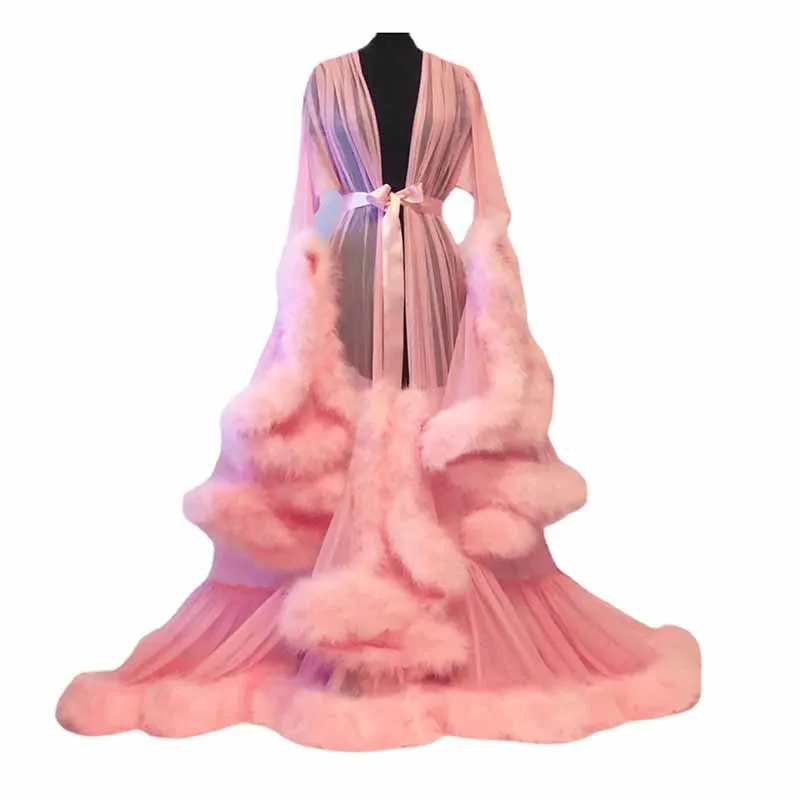 Womens Feather Tulle Robe Long Lingerie Bridal Dressing Gown Puffy Nightgown Photoshoot