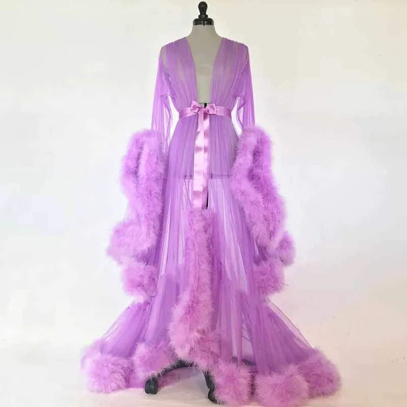 Womens Feather Tulle Robe Long Lingerie Bridal Dressing Gown Puffy Nightgown Photoshoot