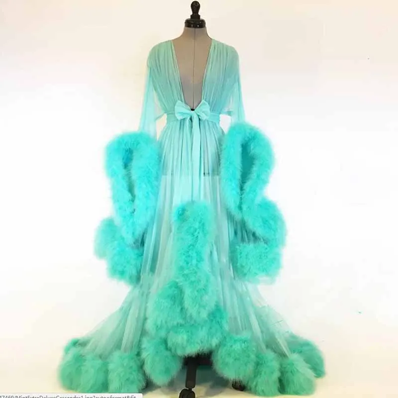 Womens Feather Tulle Robe Long Lingerie Bridal Dressing Gown Puffy Nightgown Photoshoot