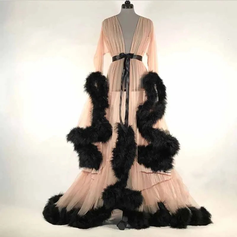 Womens Feather Tulle Robe Long Lingerie Bridal Dressing Gown Puffy Nightgown Photoshoot