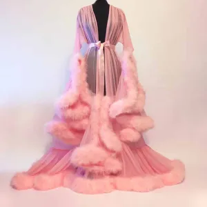 Womens Feather Tulle Robe Long Lingerie Bridal Dressing Gown Puffy Nightgown Photoshoot