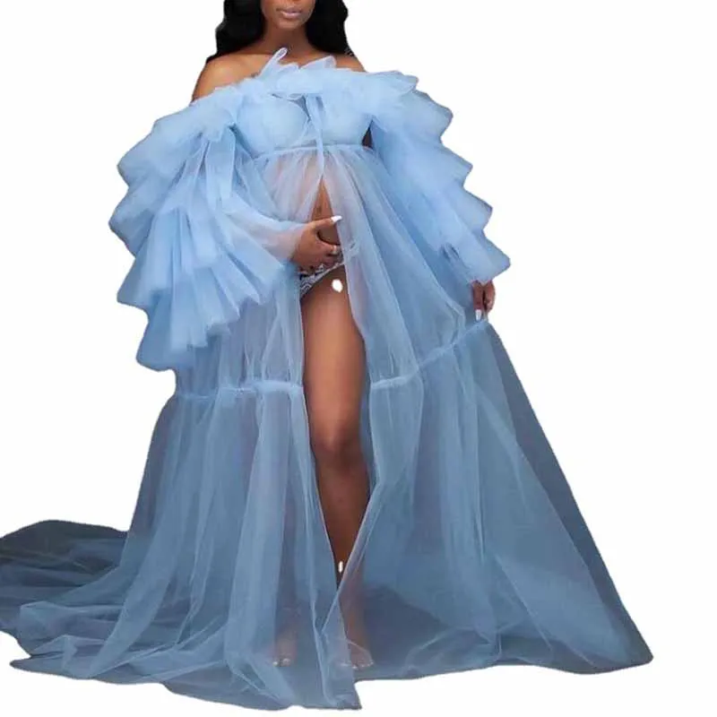 Women's Tulle Robe for Materinty Photoshoot Off-the-shoulder Long Sleeves Sweep