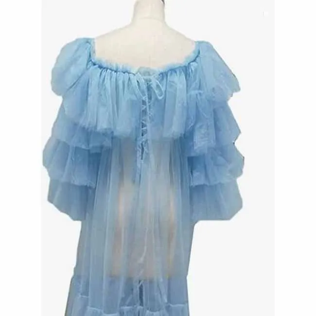 Women's Tulle Robe for Materinty Photoshoot Off-the-shoulder Long Sleeves Sweep