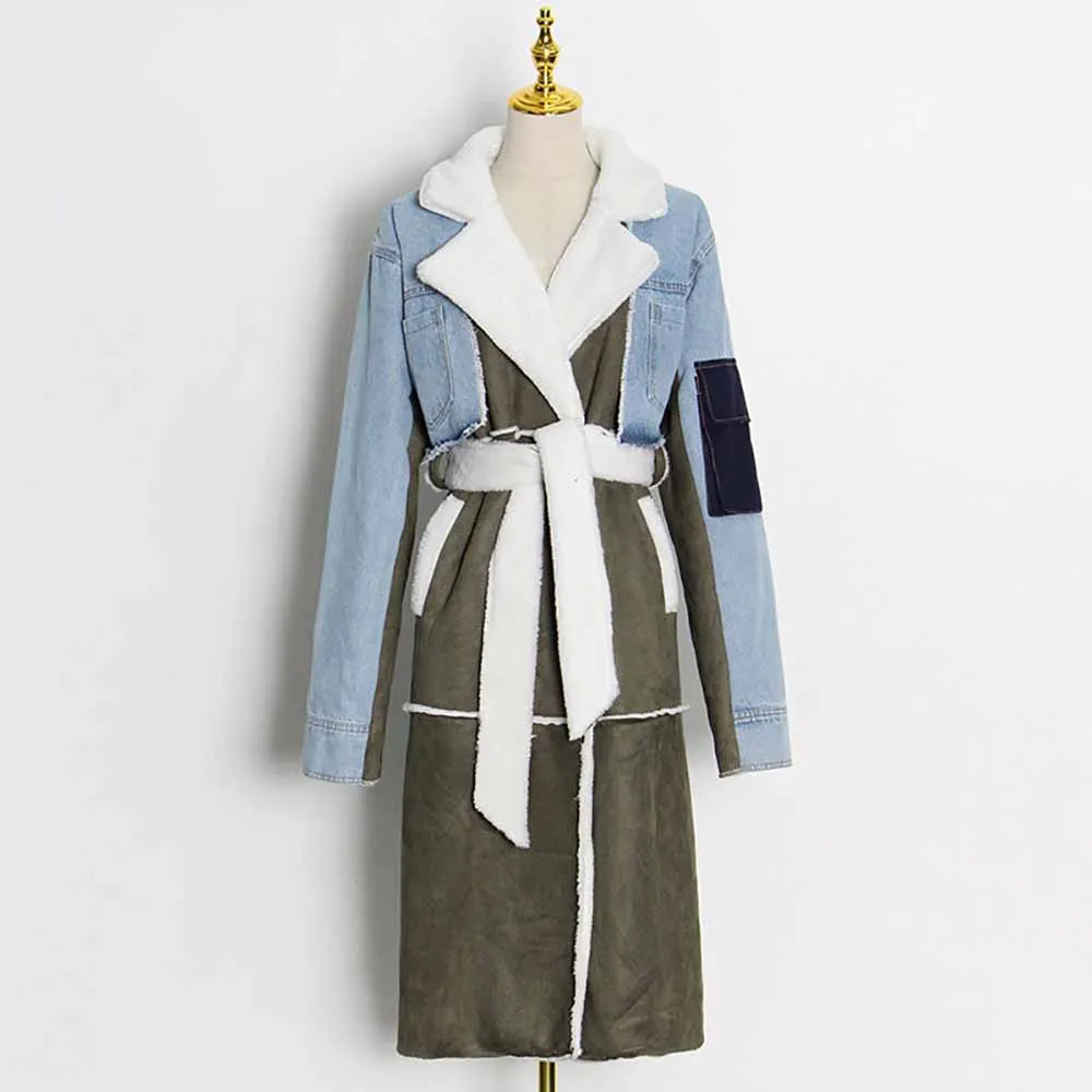 Womens Winter Warm Jean Jacket Stand Collar Wool Liner Denim Outerwear