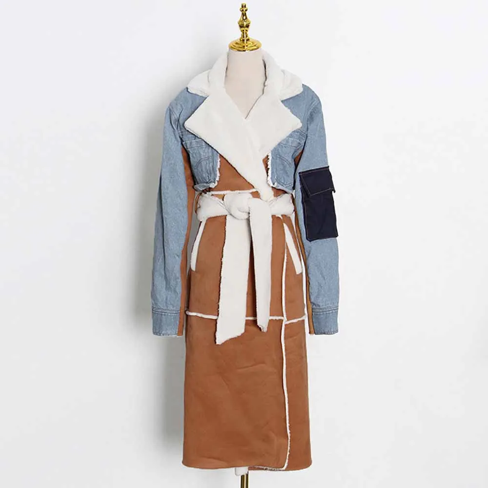 Womens Winter Warm Jean Jacket Stand Collar Wool Liner Denim Outerwear