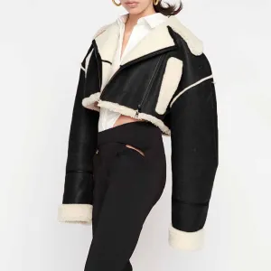 Women's Wool Liner Jacket Zip Up Faux Oversized Short Coat Jacket