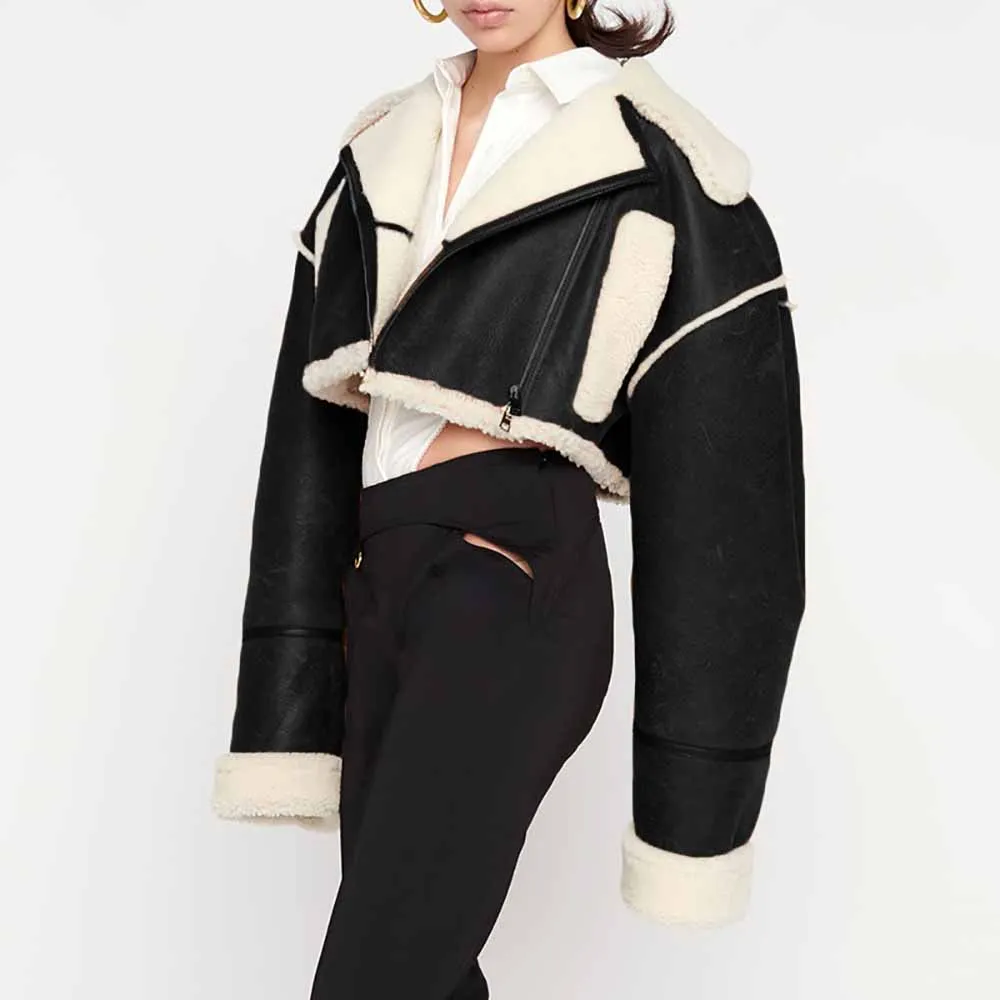 Women's Wool Liner Jacket Zip Up Faux Oversized Short Coat Jacket